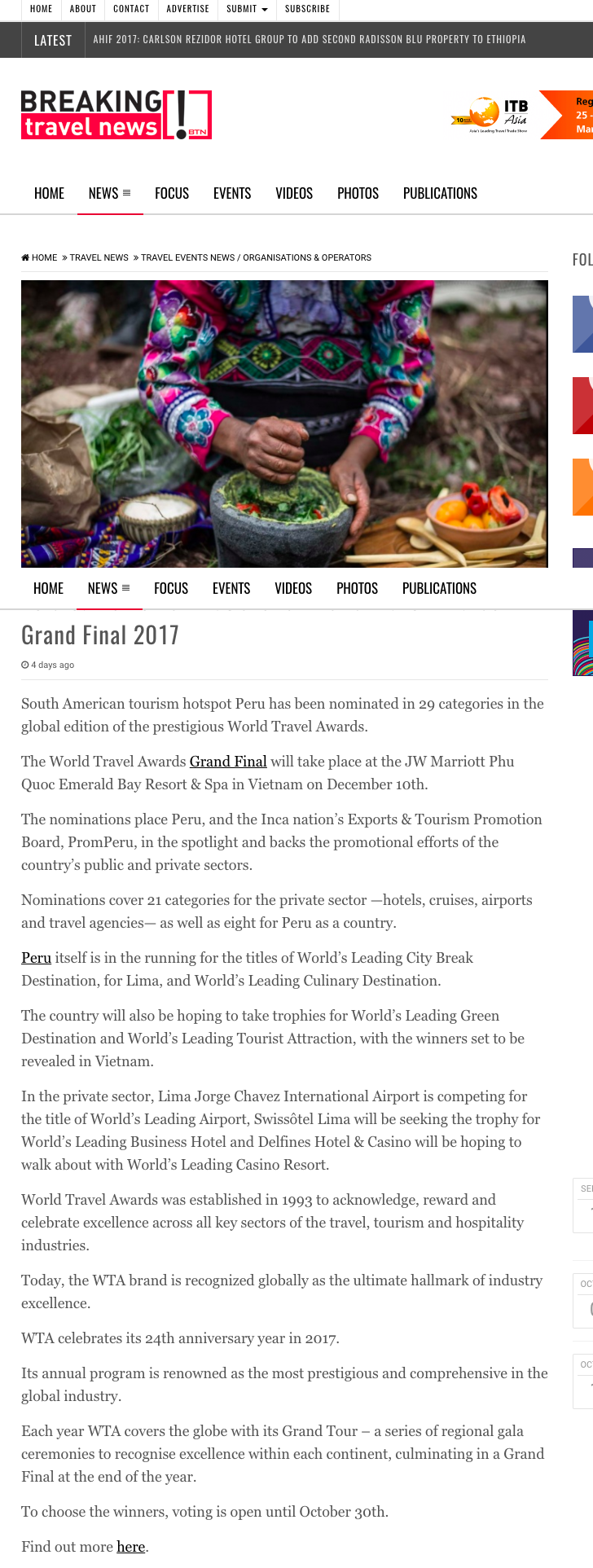 Peru earns 29 nominations for World Travel Awards Grand Final 2017