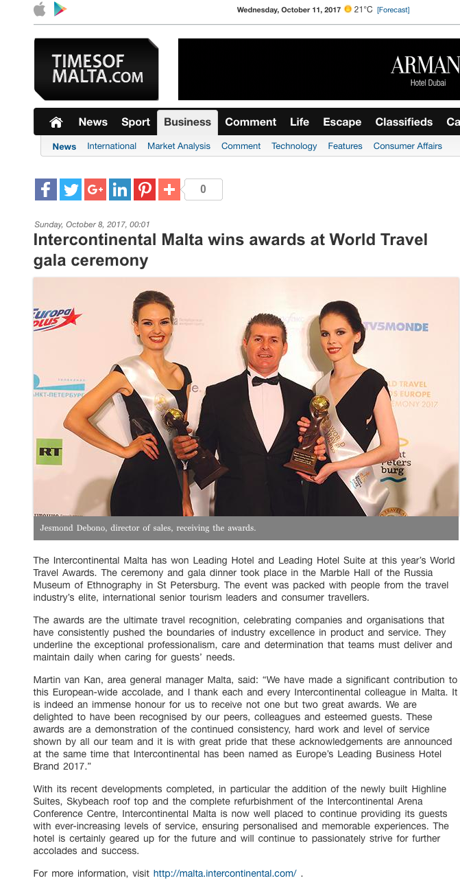 Intercontinental Malta wins awards at World Travel gala ceremony