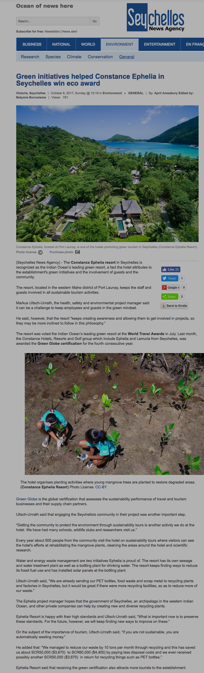 Green initiatives helped Constance Ephelia in Seychelles win eco award