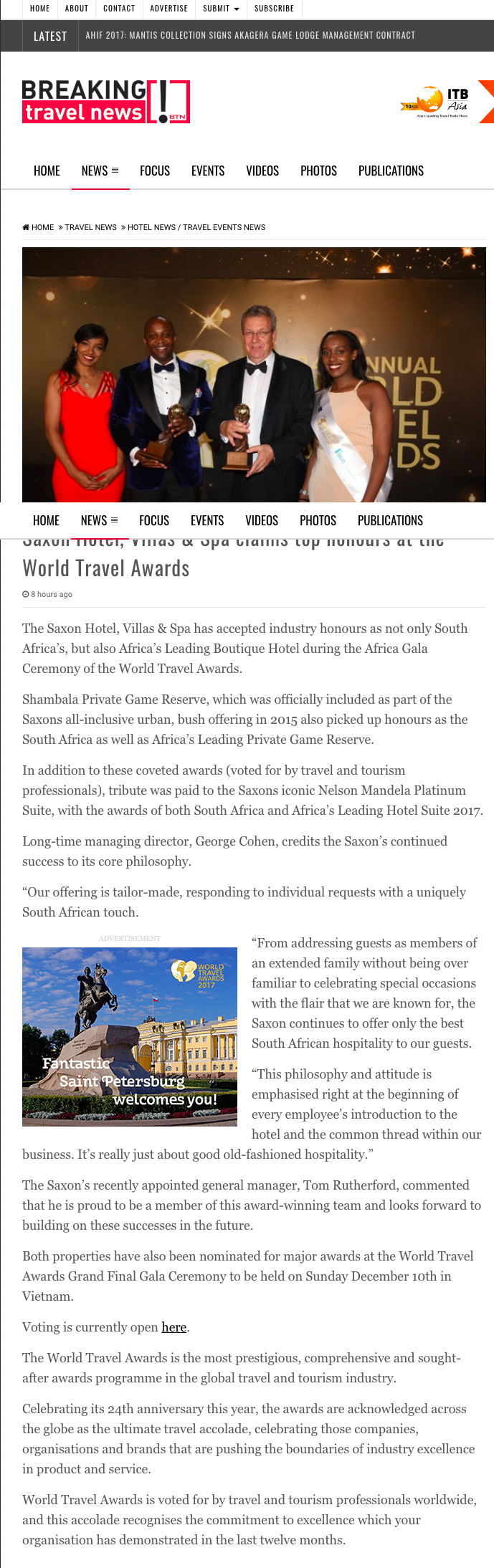 Saxon Hotel, Villas & Spa claims top honours at the World Travel Awards