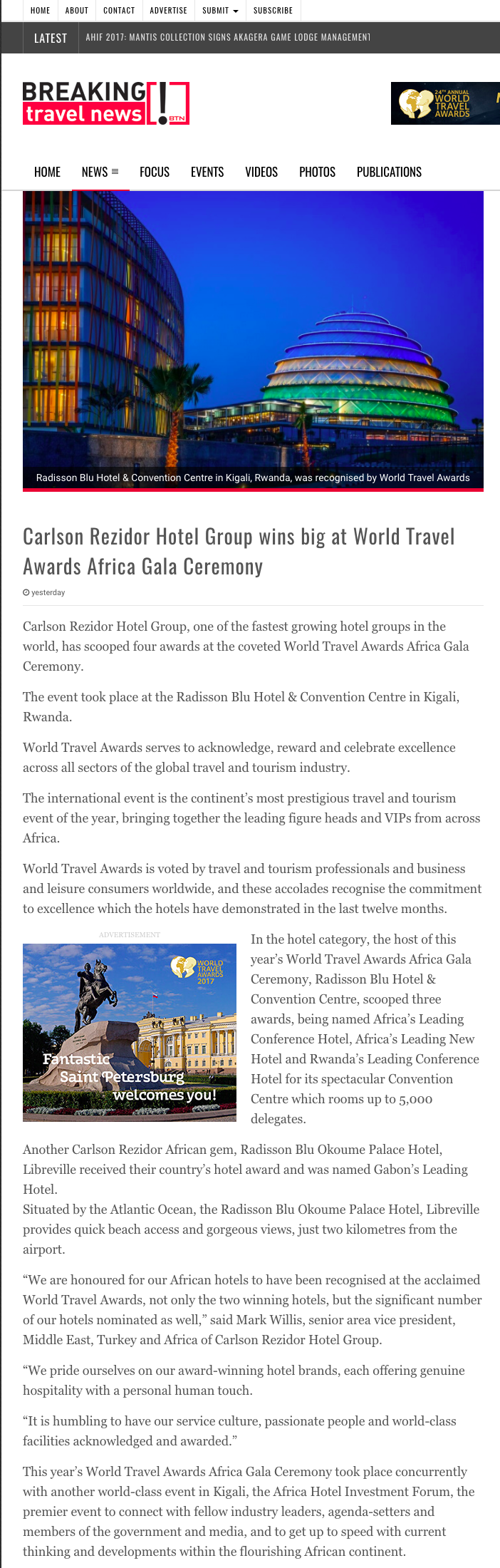 Carlson Rezidor Hotel Group wins big at World Travel Awards Africa Gala Ceremony