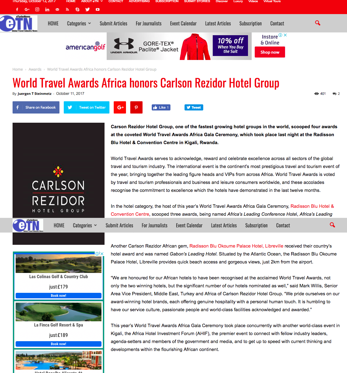World Travel Awards Africa honors Carlson Rezidor Hotel Group