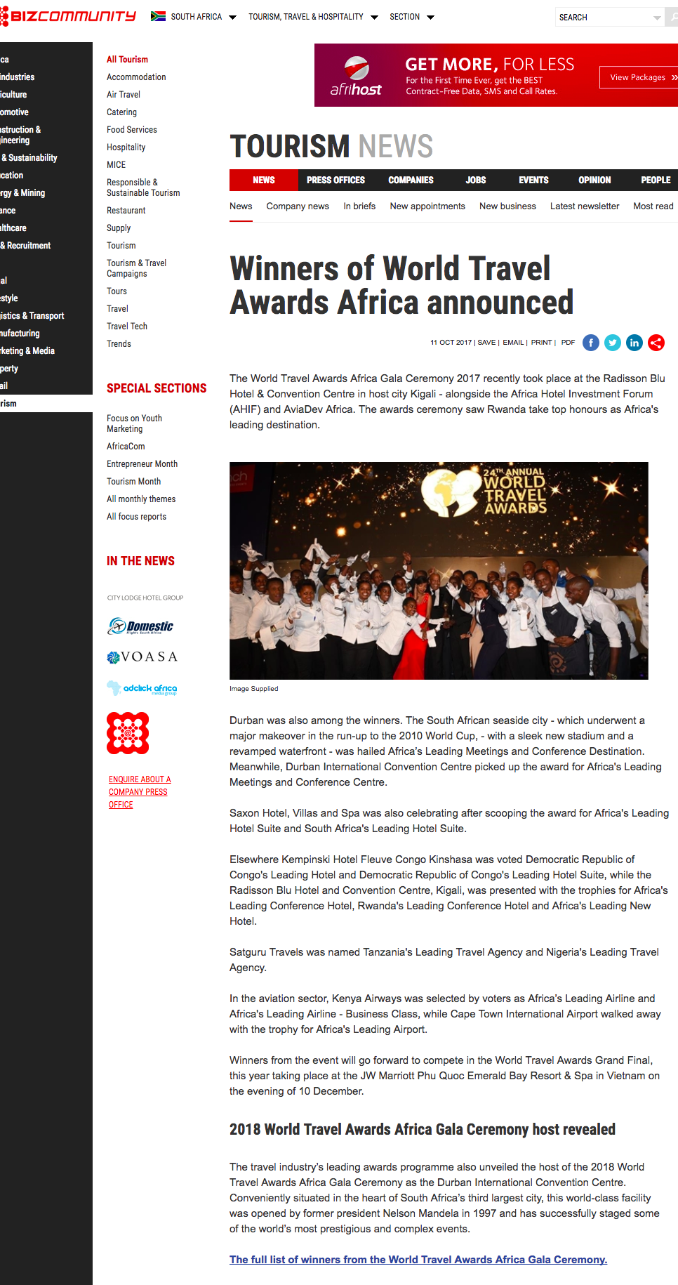 Winners of World Travel Awards Africa announced