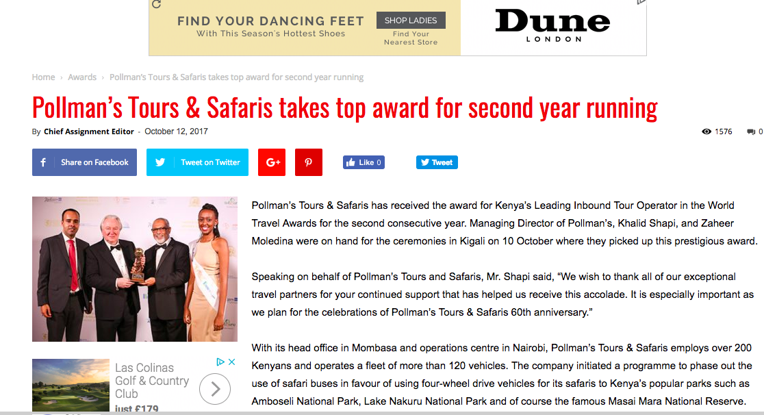 Pollman’s Tours & Safaris takes top award for second year running