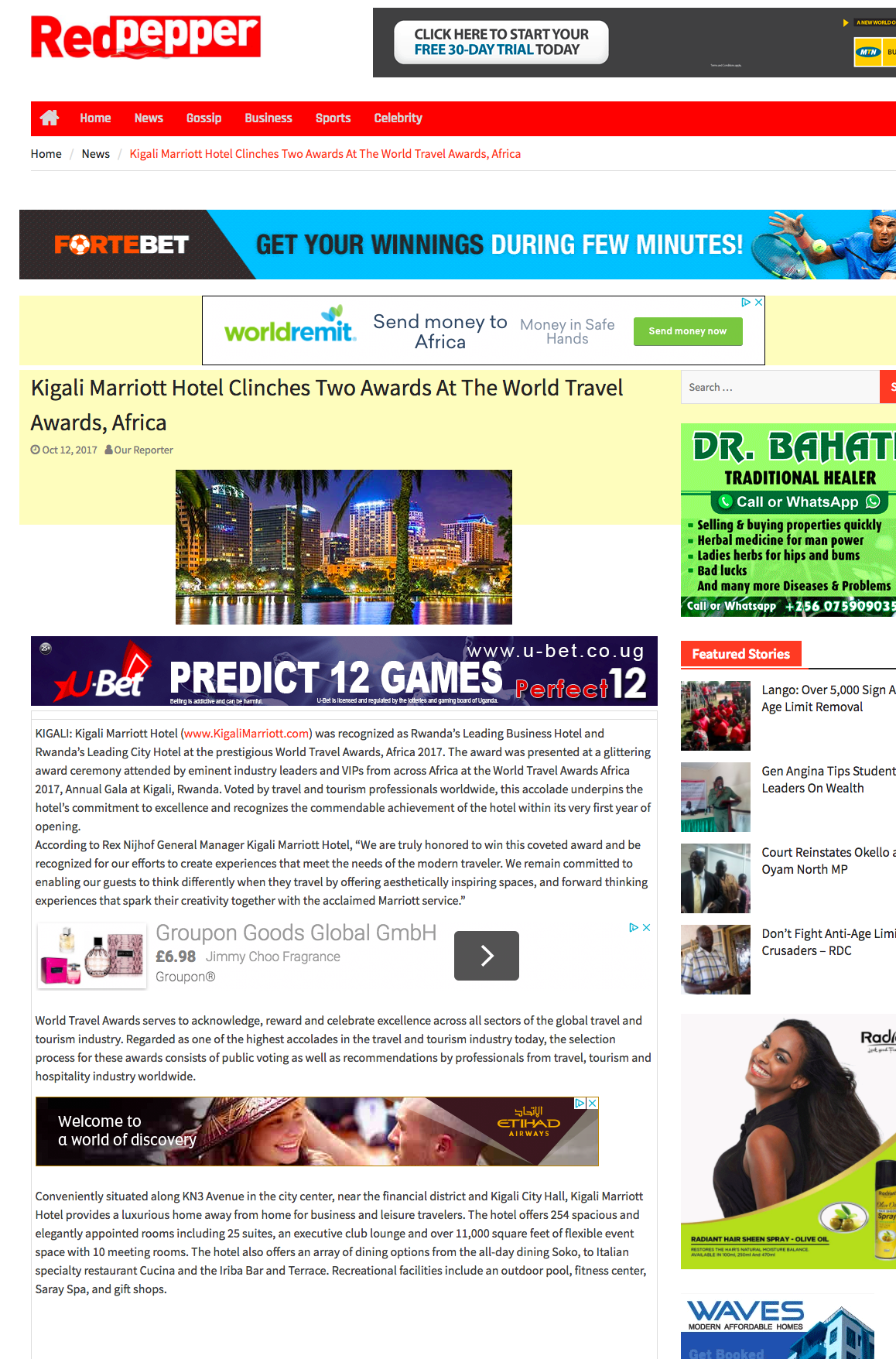 Kigali Marriott Hotel Clinches Two Awards At The World Travel Awards, Africa