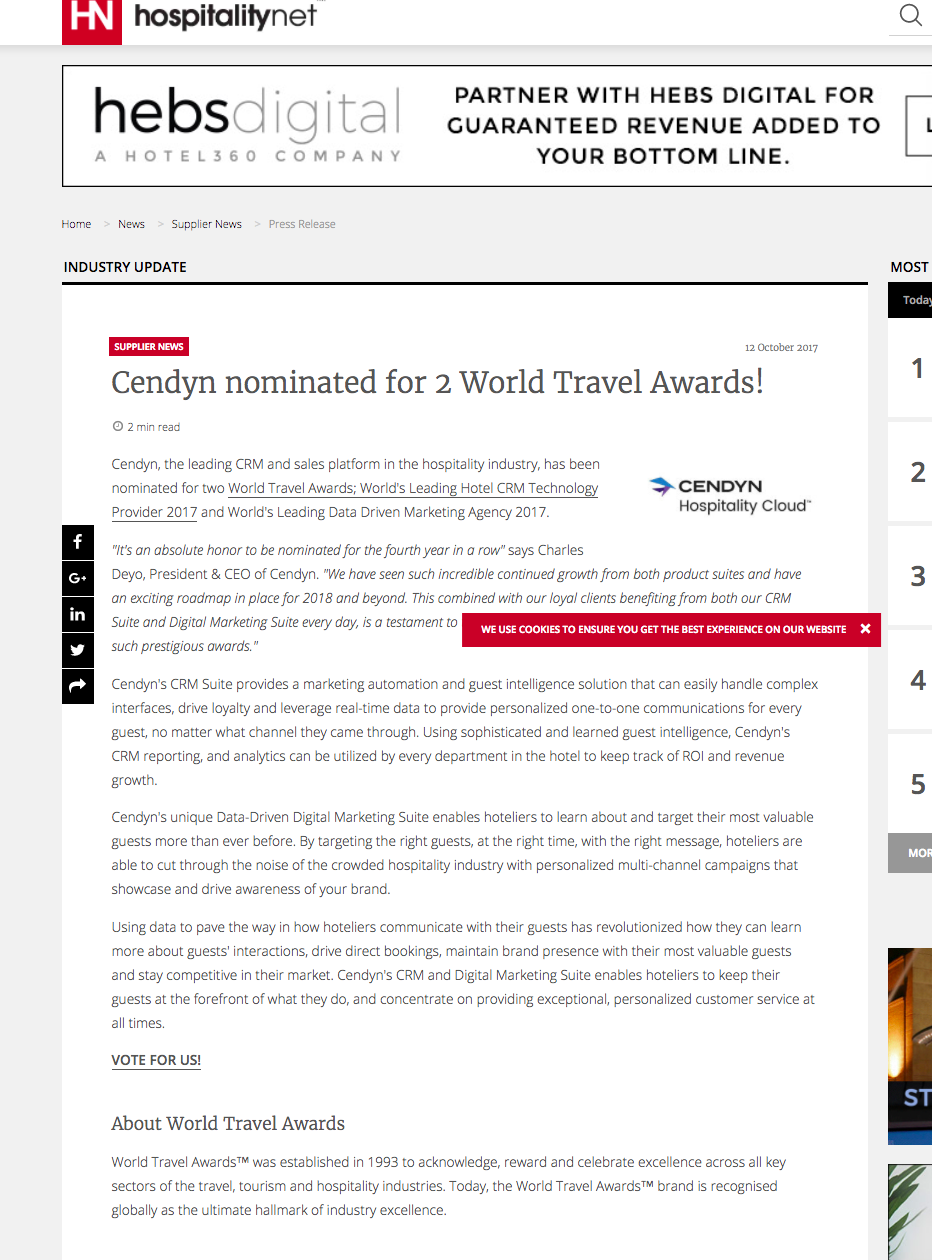 Cendyn nominated for 2 World Travel Awards!