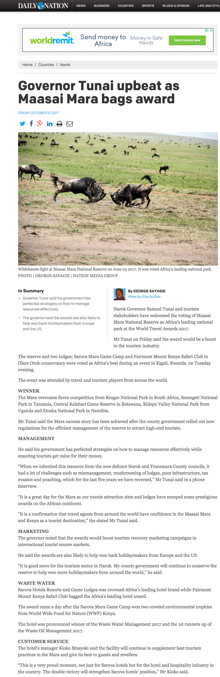 Governor Tunai upbeat as Maasai Mara bags award