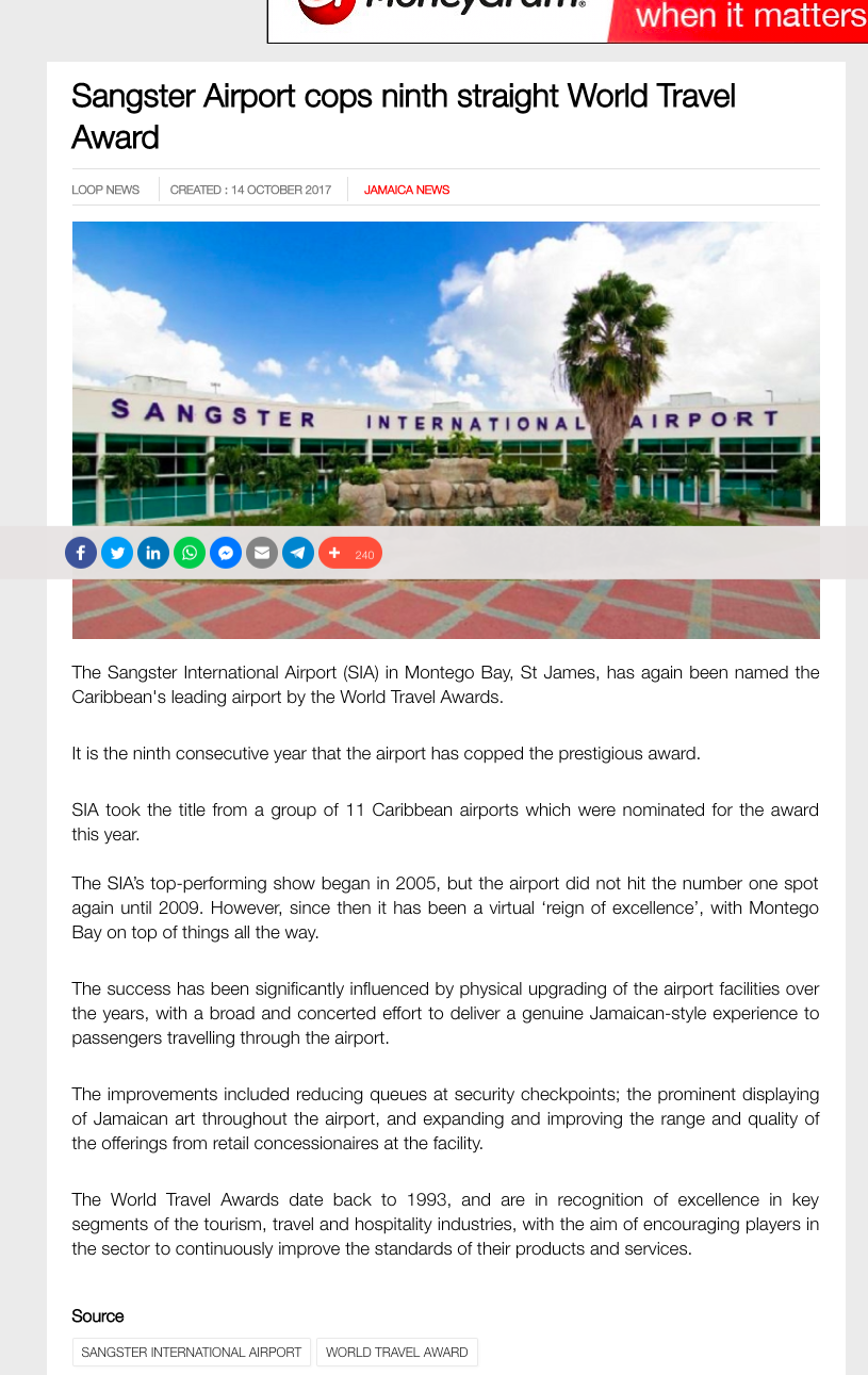 Sangster Airport cops ninth straight World Travel Award