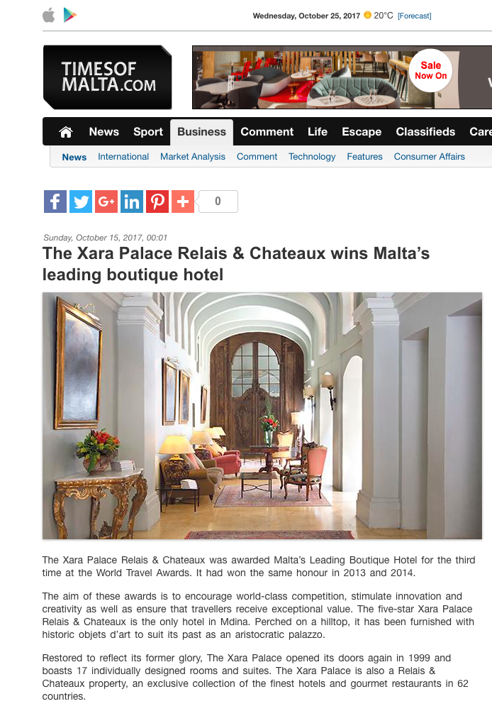 The Palace named Leading Business Hotel at World Travel Awards