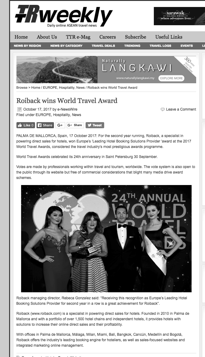 Roiback wins World Travel Award