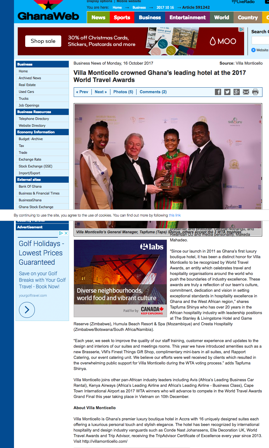 Villa Monticello crowned Ghana’s leading hotel at the 2017 World Travel Awards