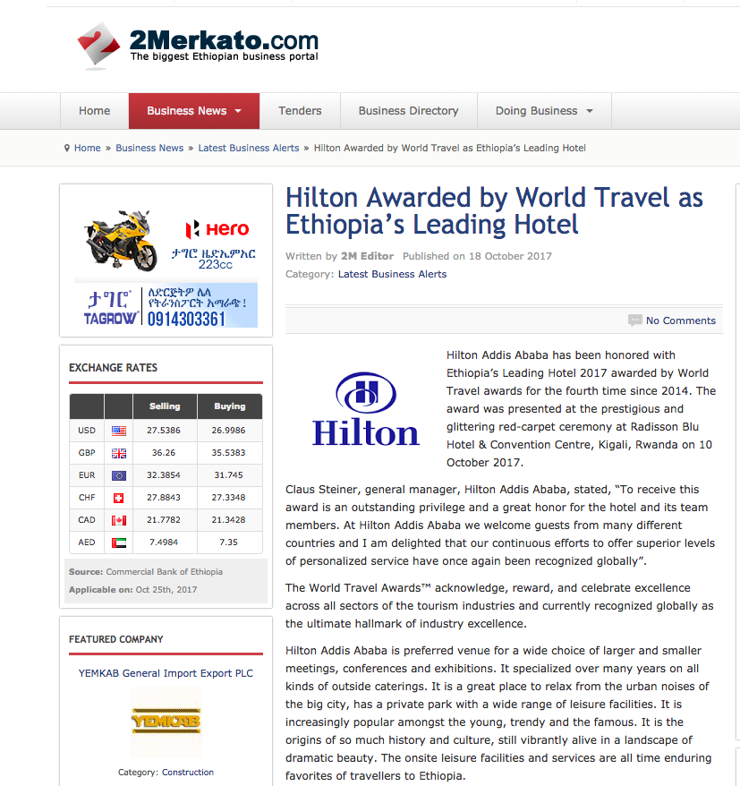Hilton Awarded by World Travel as Ethiopia’s Leading Hotel