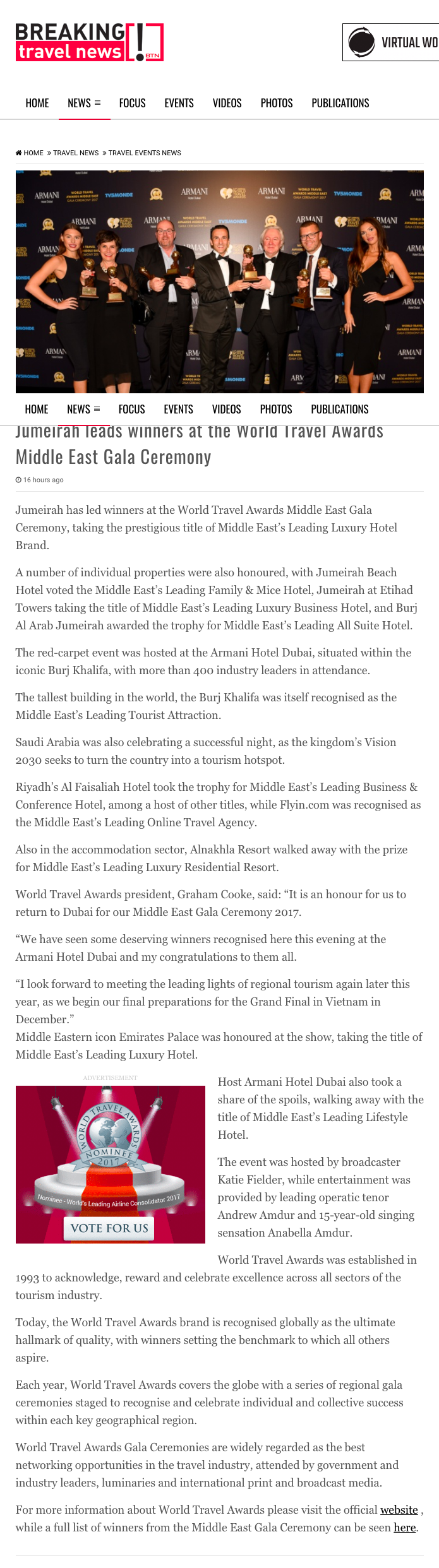 Jumeirah leads winners at the World Travel Awards Middle East Gala Ceremony