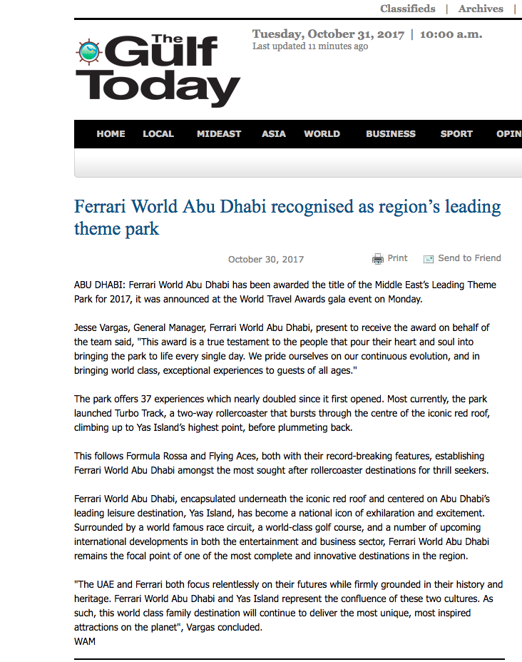 Ferrari World Abu Dhabi recognised as region’s leading theme park
