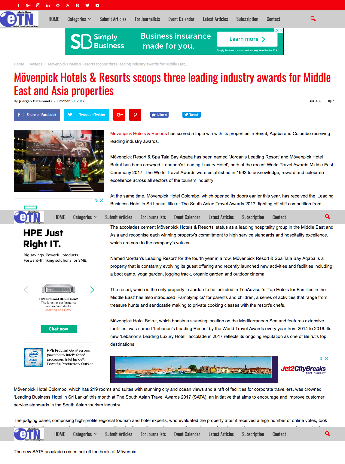 Mövenpick Hotels & Resorts scoops three leading industry awards for Middle East and Asia properties