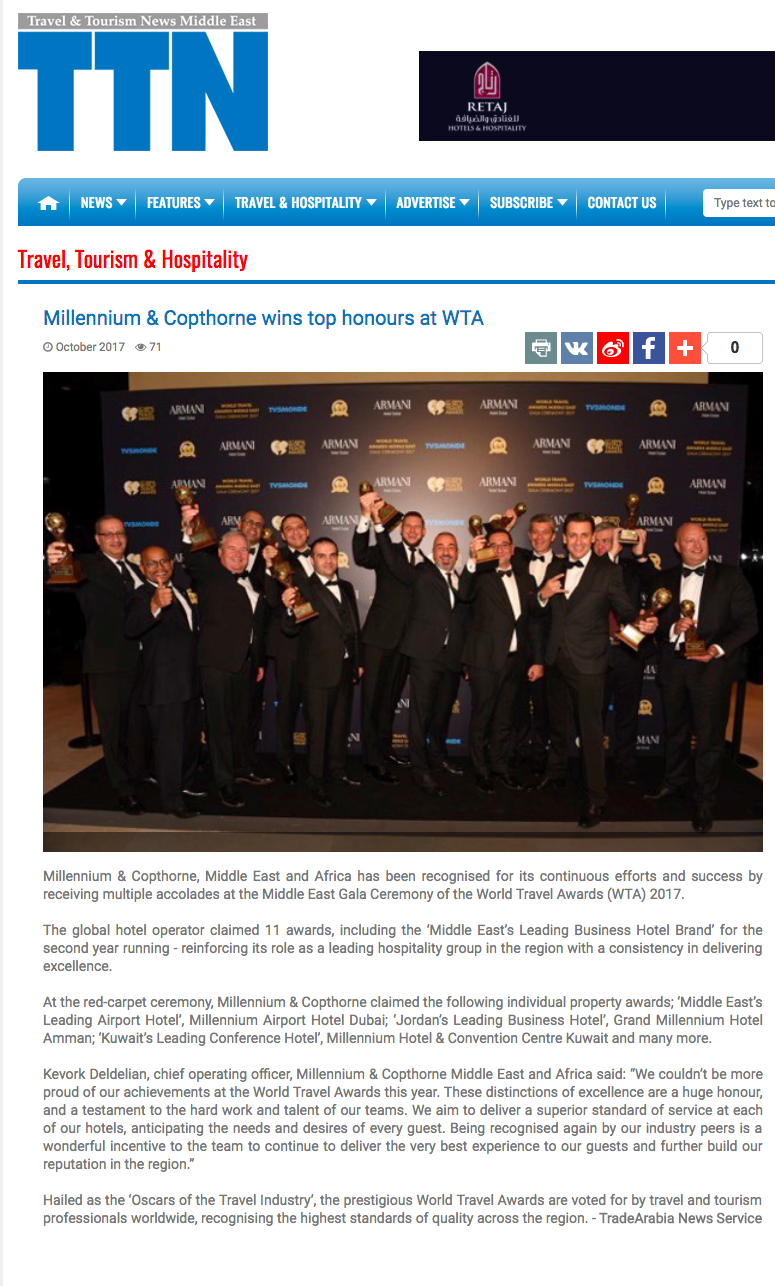 Millennium & Copthorne wins top honours at WTA