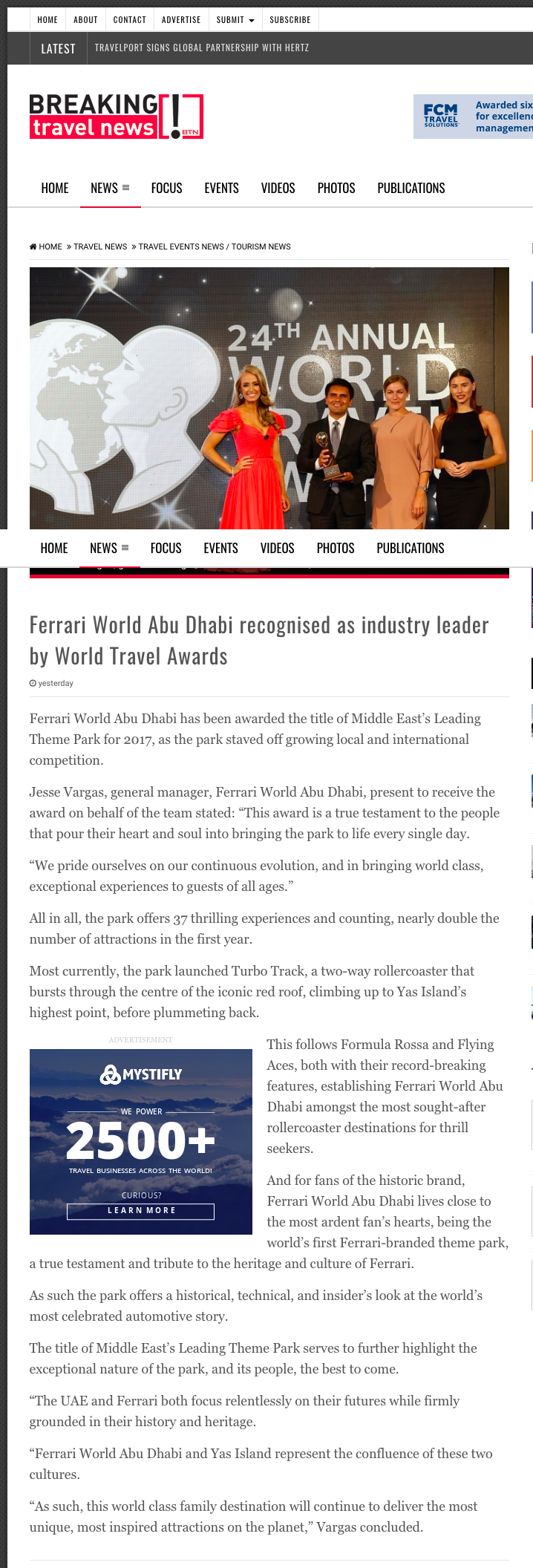 Ferrari World Abu Dhabi recognised as industry leader by World Travel Awards