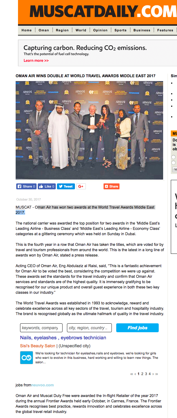 Oman Air wins double at World Travel Awards Middle East 2017