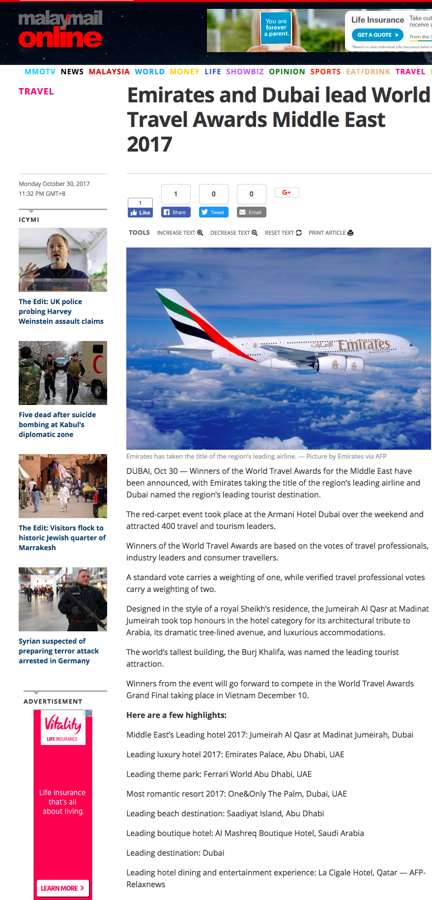 Emirates and Dubai lead World Travel Awards Middle East 2017
