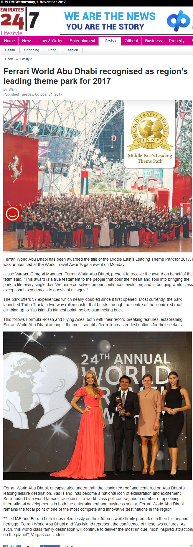 Ferrari World Abu Dhabi recognised as region’s leading theme park for 2017