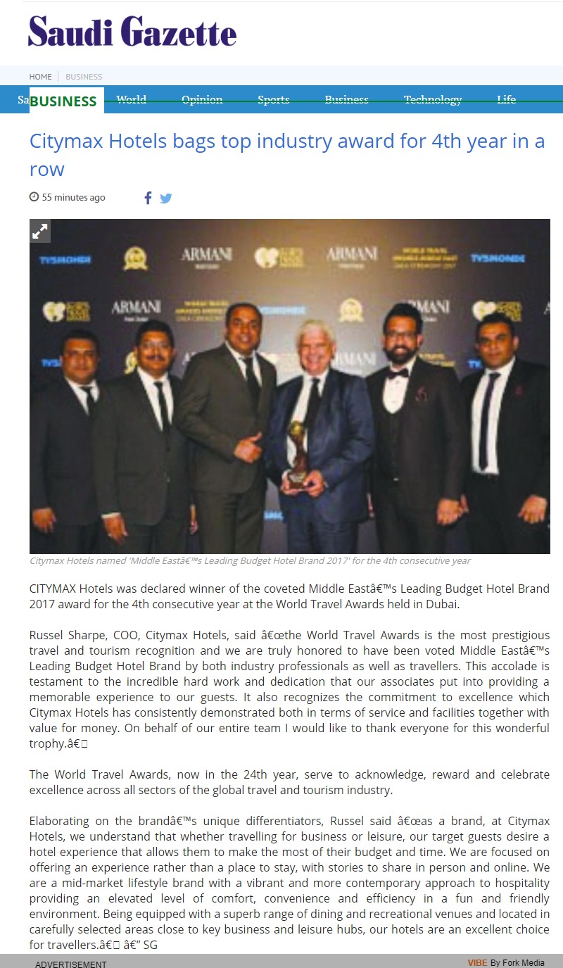 Citymax Hotels bags top industry award for 4th year in a row ago
