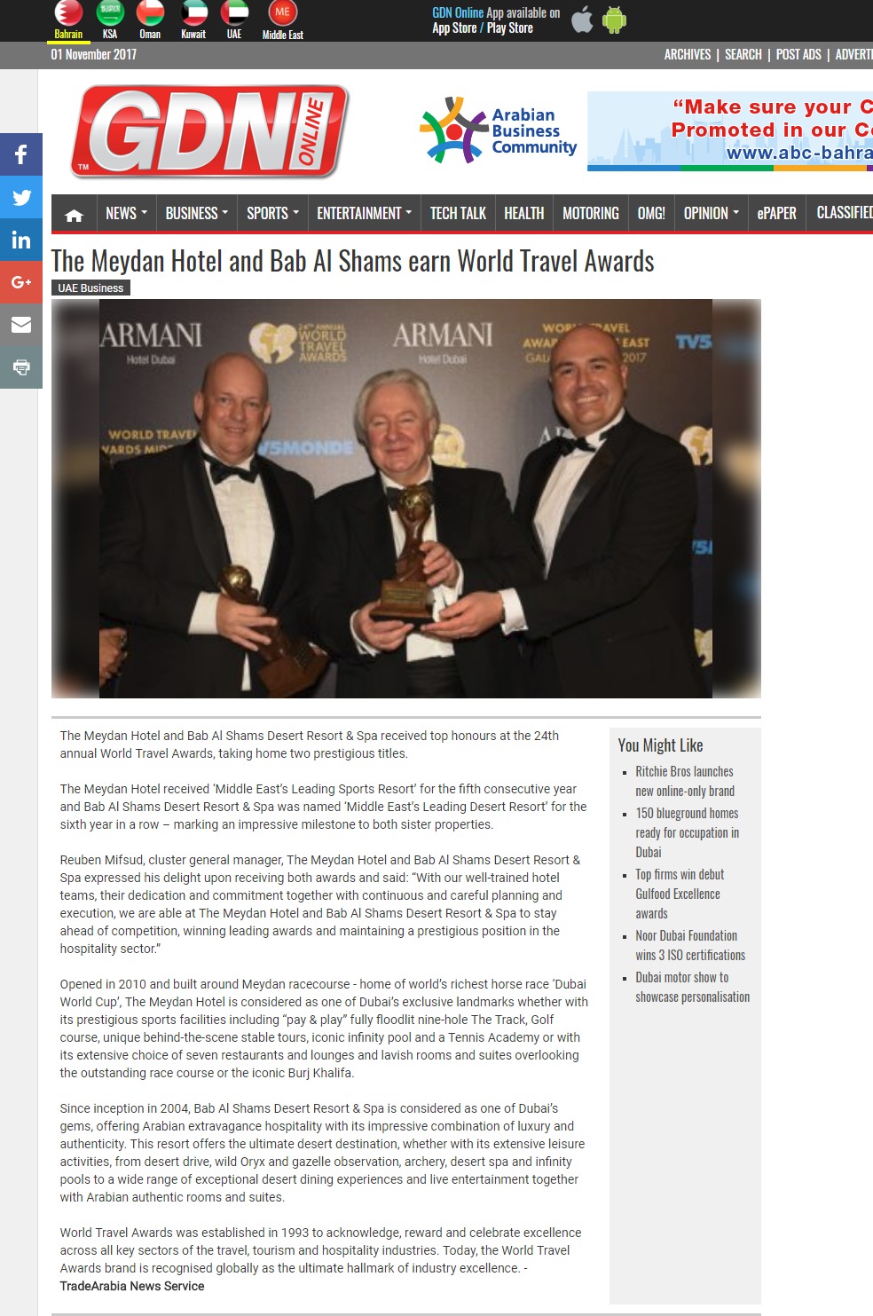 The Meydan Hotel and Bab Al Shams earn World Travel Awards