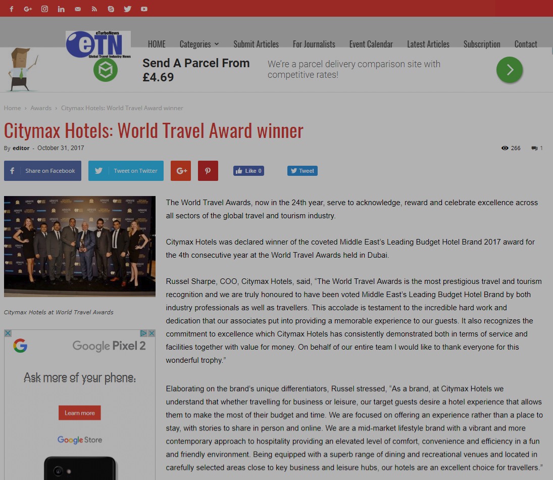 Citymax Hotels wins coveted Middle East’s Leading Budget Hotel Brand 2017 award