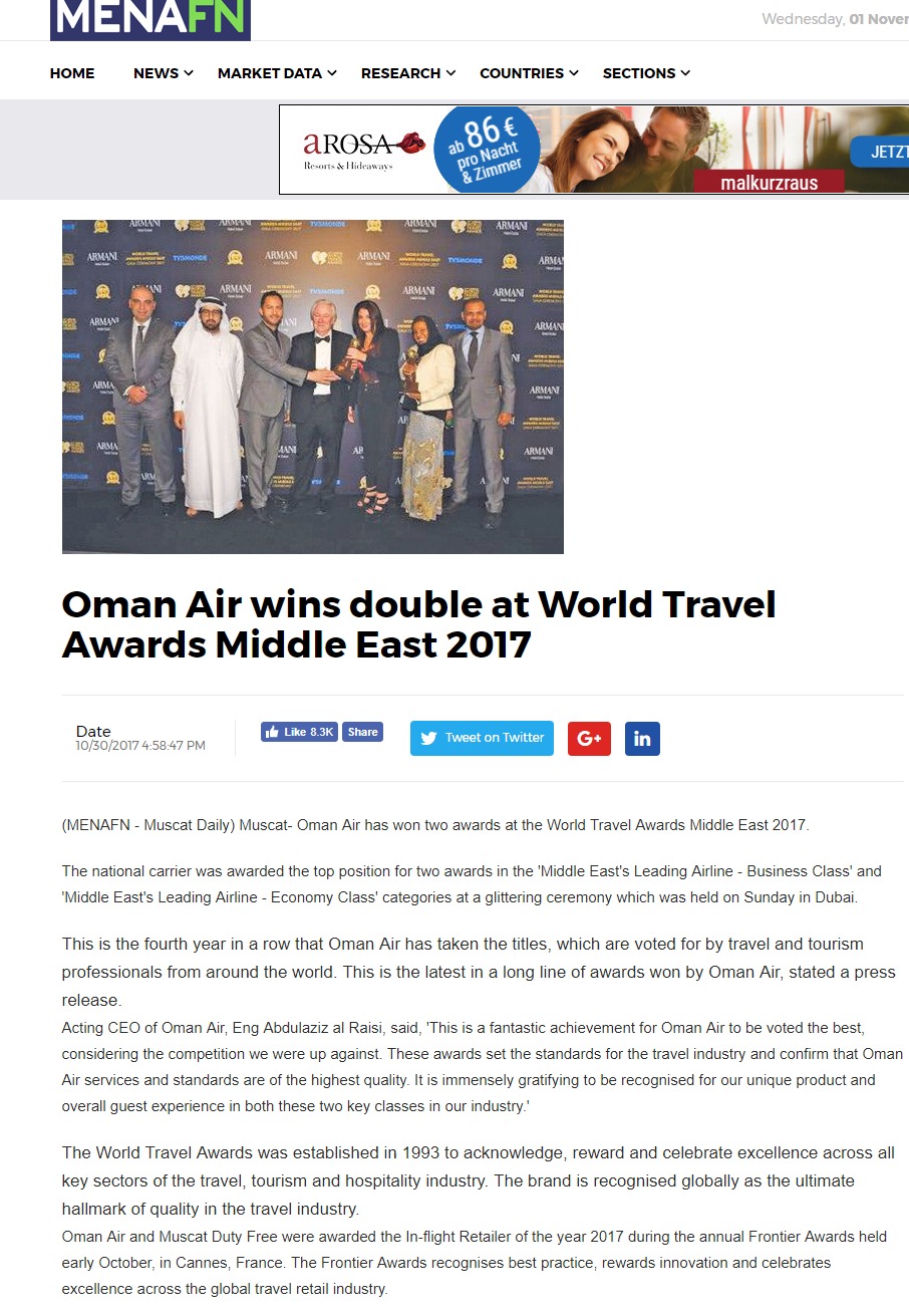 Oman Air wins double at World Travel Awards Middle East 2017