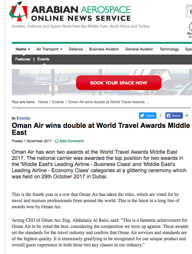 Oman Air wins double at World Travel Awards Middle East