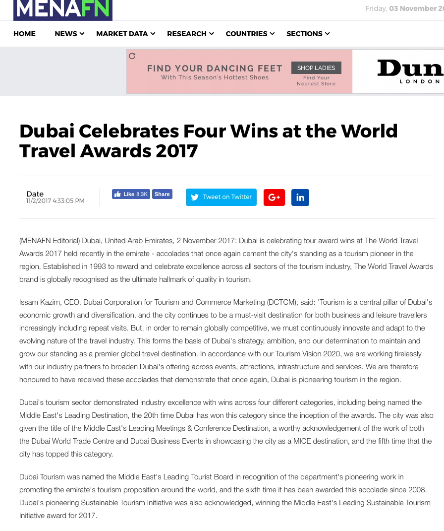 Dubai Celebrates four wins at the World Travel Awards 2017