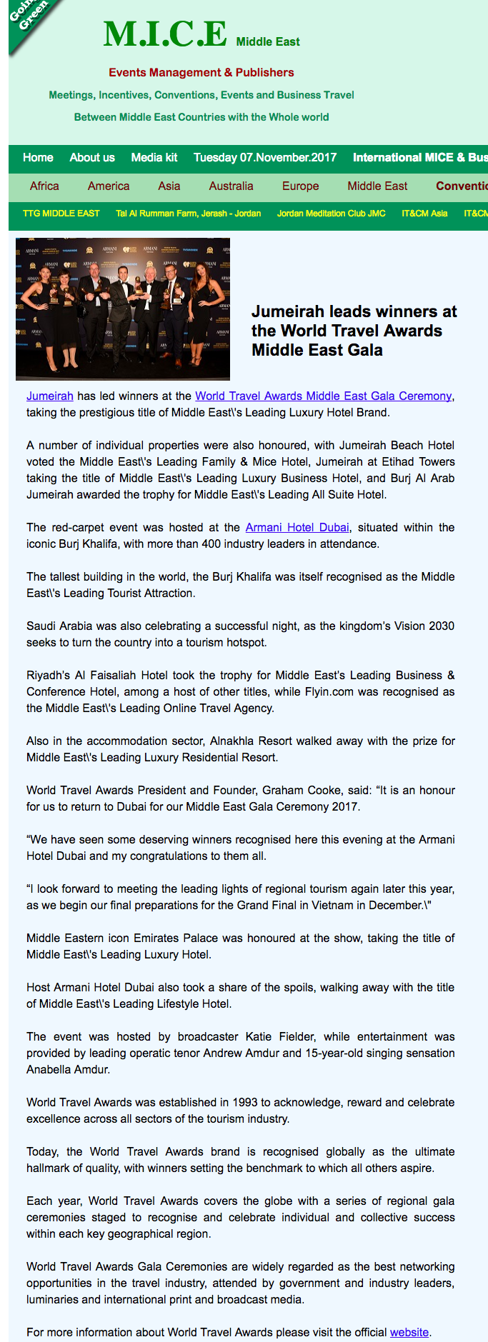 Jumeirah leads winners at the World Travel Awards Middle East Gala Ceremony