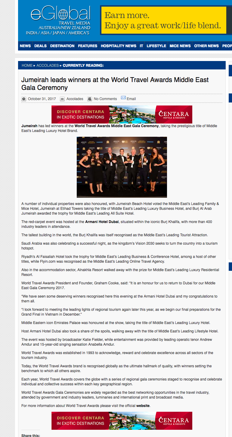Jumeirah leads winners at the World Travel Awards Middle East Gala Ceremony