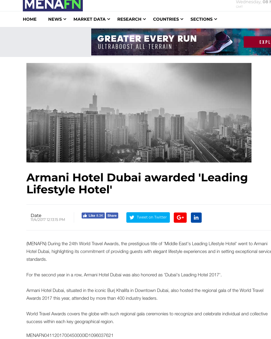 Armani Hotel Dubai awarded 