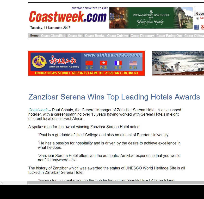 Zanzibar Serena Wins Top Leading Hotels Awards
