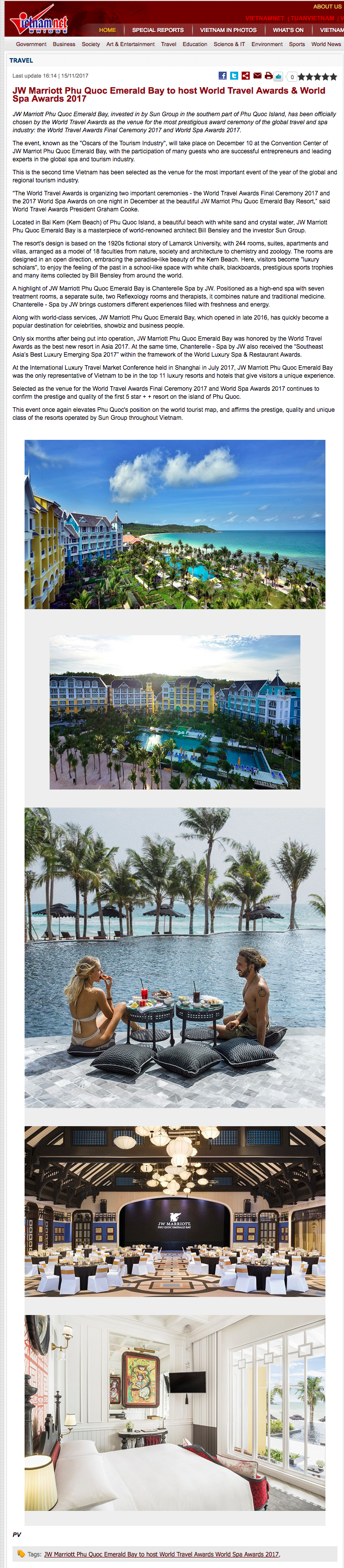 JW Marriott Phu Quoc Emerald Bay to host World Travel Awards & World Spa Awards 2017
