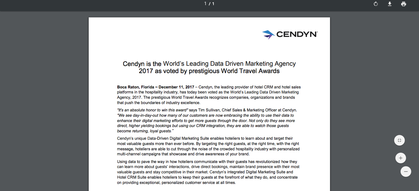 Cendyn is the World’s Leading Data Driven Marketing Agency 2017 as voted by prestigious World Travel Awards