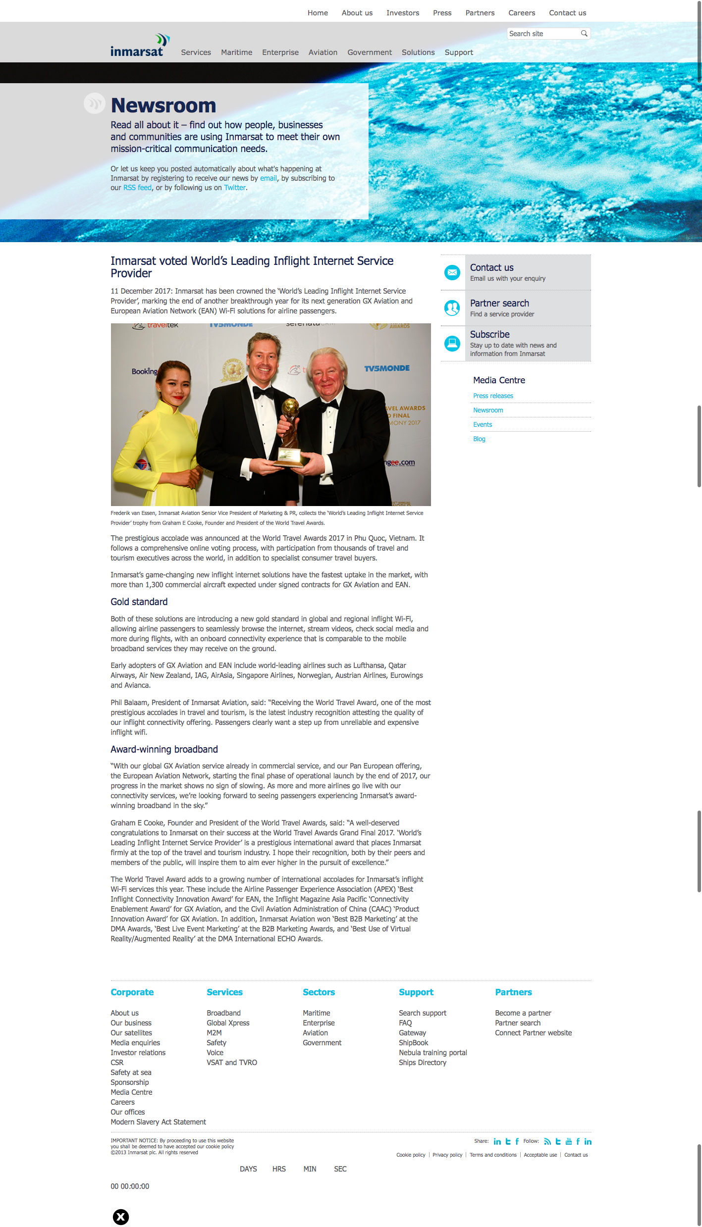 Inmarsat voted World’s Leading Inflight Internet Service Provider