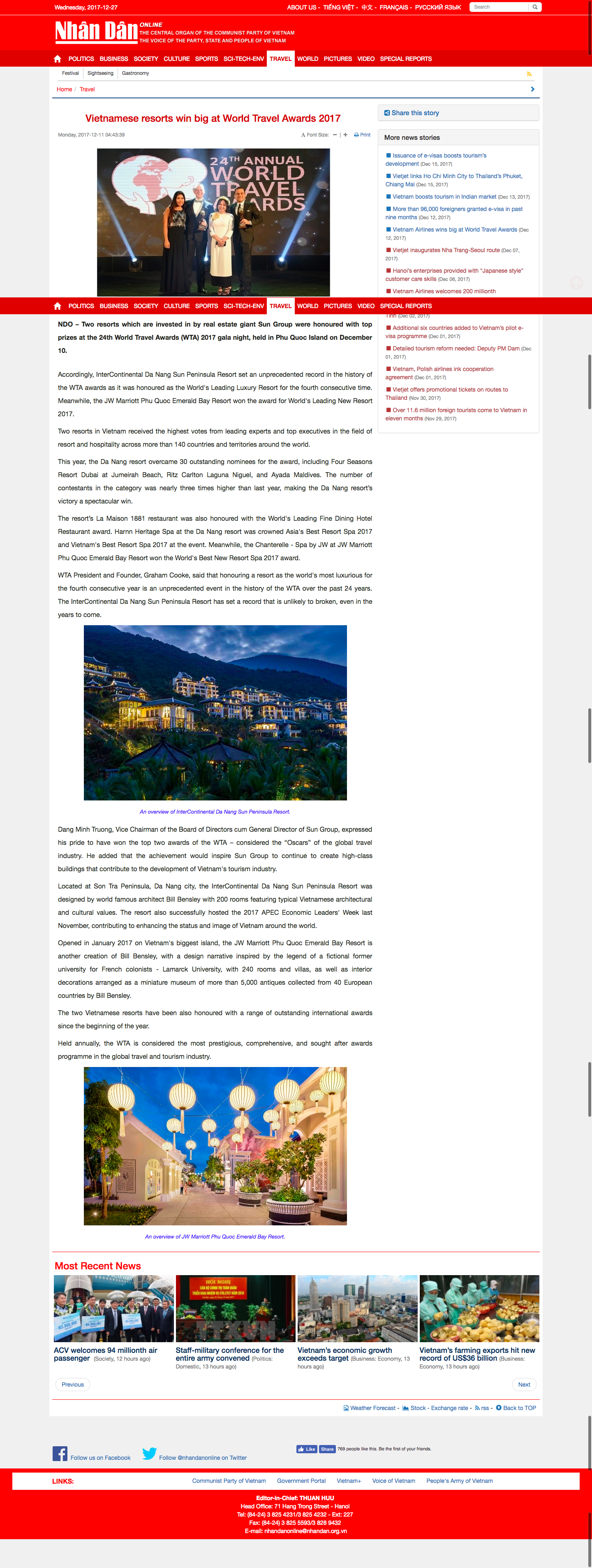 Vietnamese resorts win big at World Travel Awards 2017