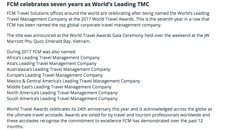 FCM celebrates seven years as World’s Leading TMC