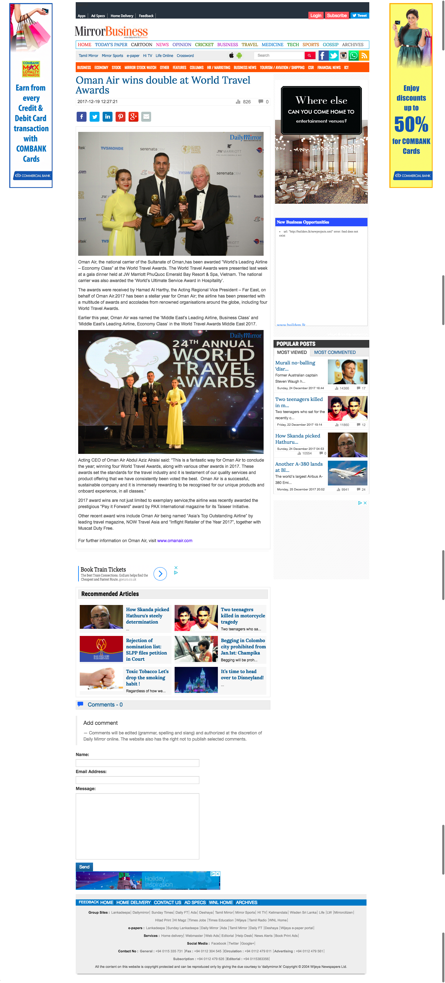 Oman Air wins double at World Travel Awards